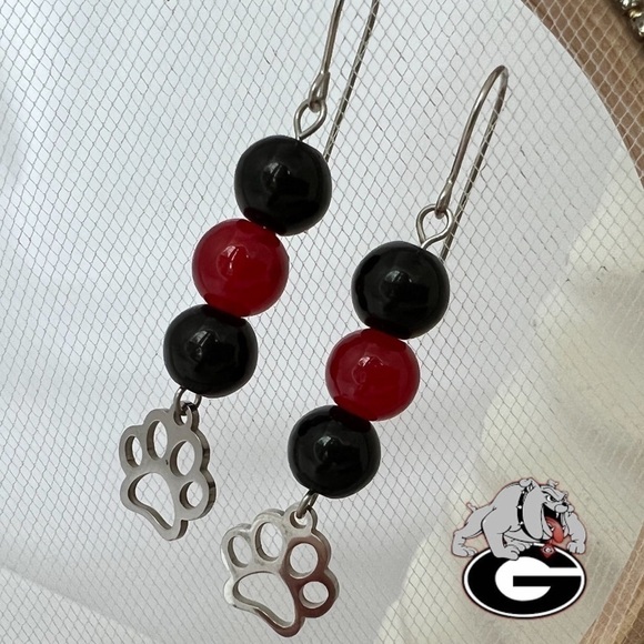 RED & Black Beaded Dangle Earrings with Paw Charms - Picture 3 of 13